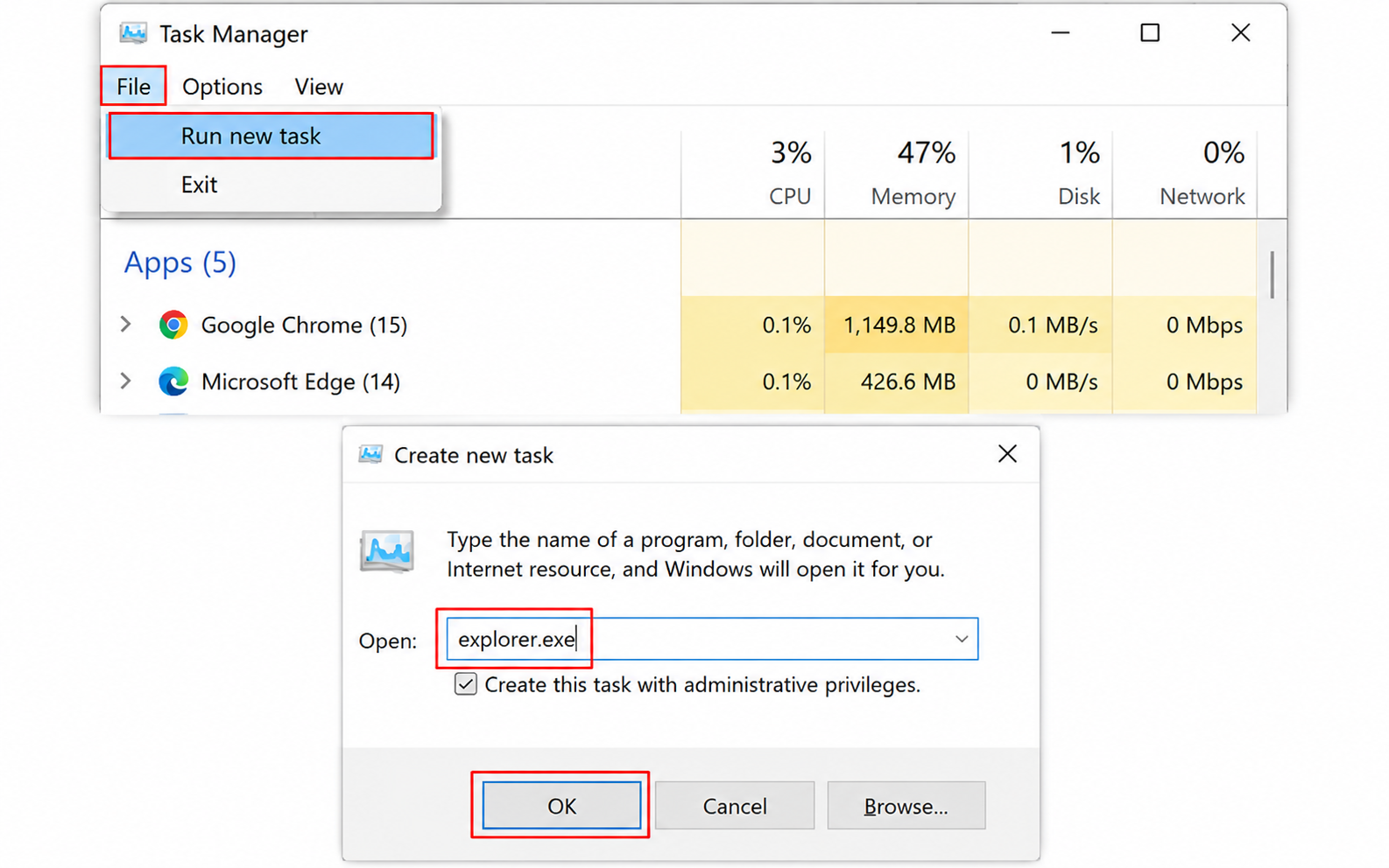 آموزش اجرای explorer.exe از طریق Task Manager برای رفع سیاه شدن صفحه لپتاپ