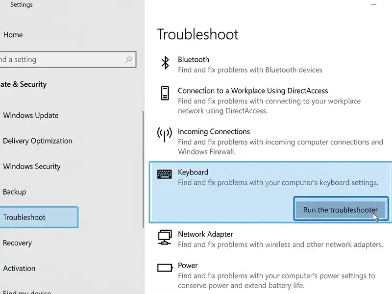 اجرای Troubleshooter برای عیب یابی کیبورد کامپیوتر