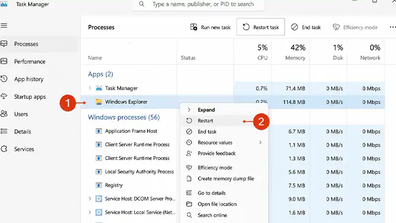ریاستارت Windows Explorer در Task Manager ویندوز