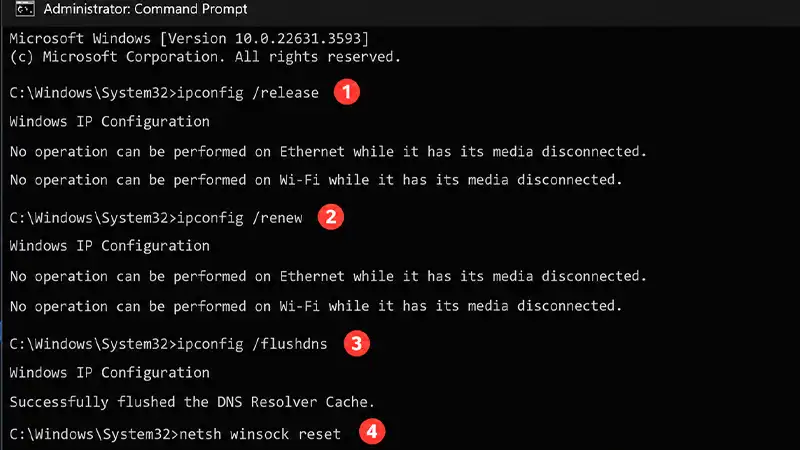 اجرای دستورات ریست شبکه در Command Prompt ویندوز
