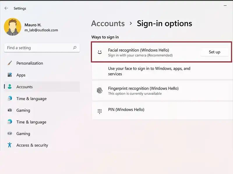 تشخیص چهره Windows Hello