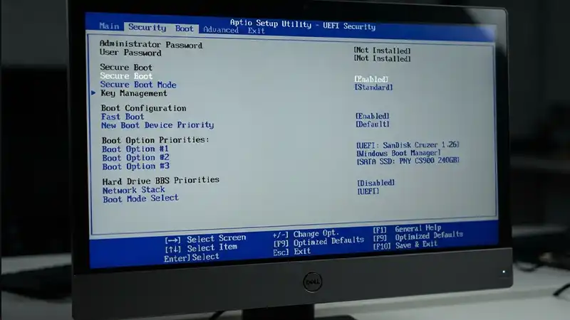 تنظیمات بخش امنیت و بوت (Security & Boot) در بایوس سیستم آل‌این‌وان برای نصب ویندوز