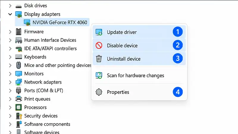 آموزش نصب مجدد درایور کارت گرافیک لپ‌تاپ در Device Manager برای رفع مشکل سفیدی صفحه 