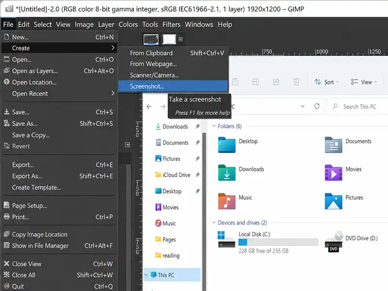 اسکرین شات از ویندوز کامپیوتر با GIMP