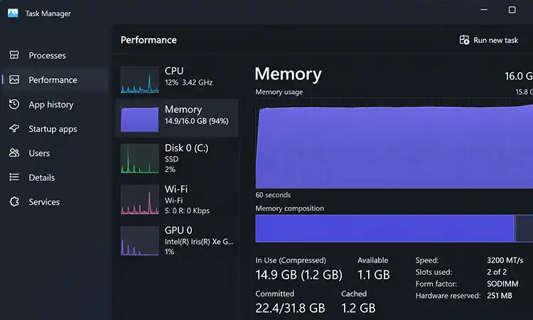 بررسی مصرف حافظه RAM در Task Manager ویندوز به عنوان علت کند شدن تاچ آل این وان